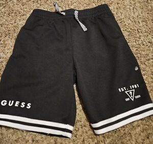 GUESS Black Athletic Logo Shorts with White Stripe Hem